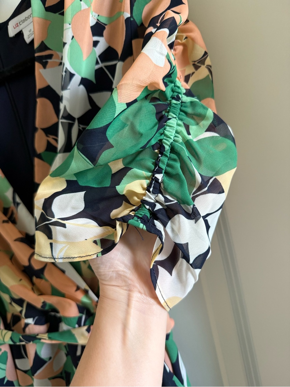 Liz Claiborne Green, Navy, Peach & White Floral Wrap Midi Dress - Picture 4 of 8
